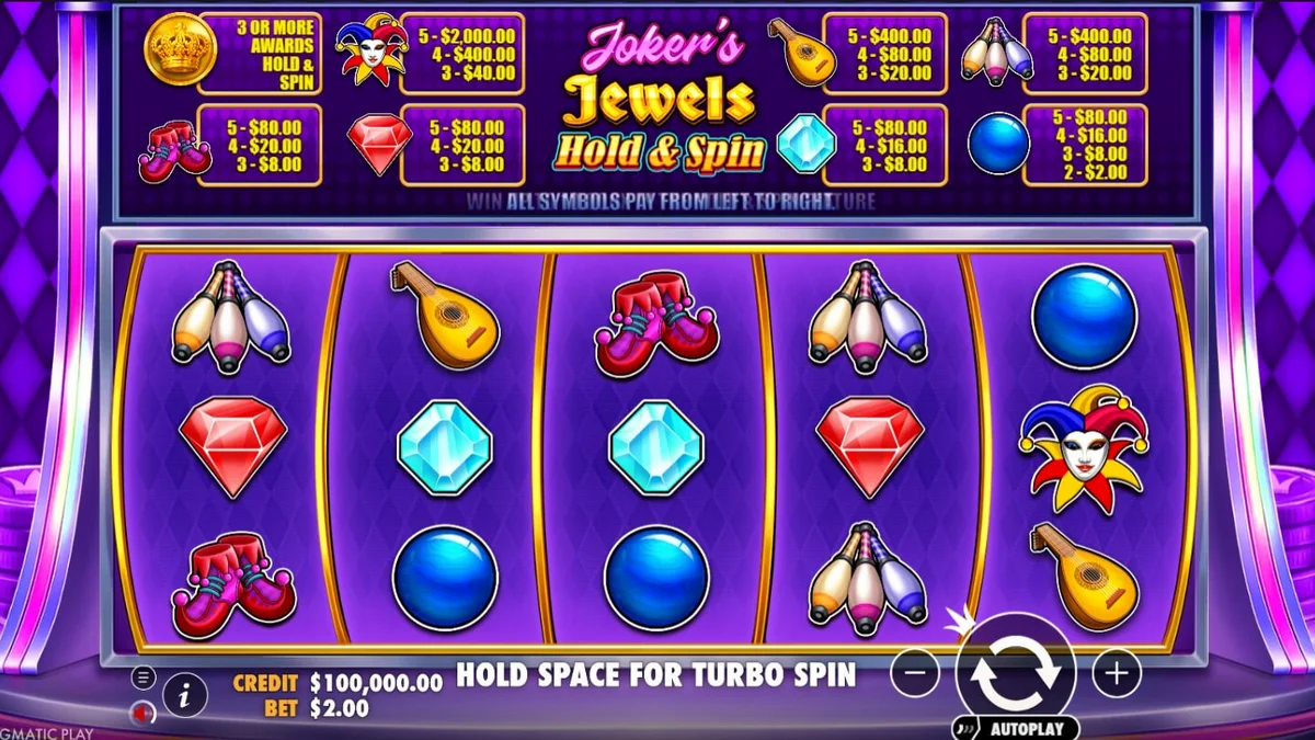 Joker’s Jewels Hold & Spin স্লট গেমের ইন্টারফেস এবং রঙিন গ্রাফিক্স