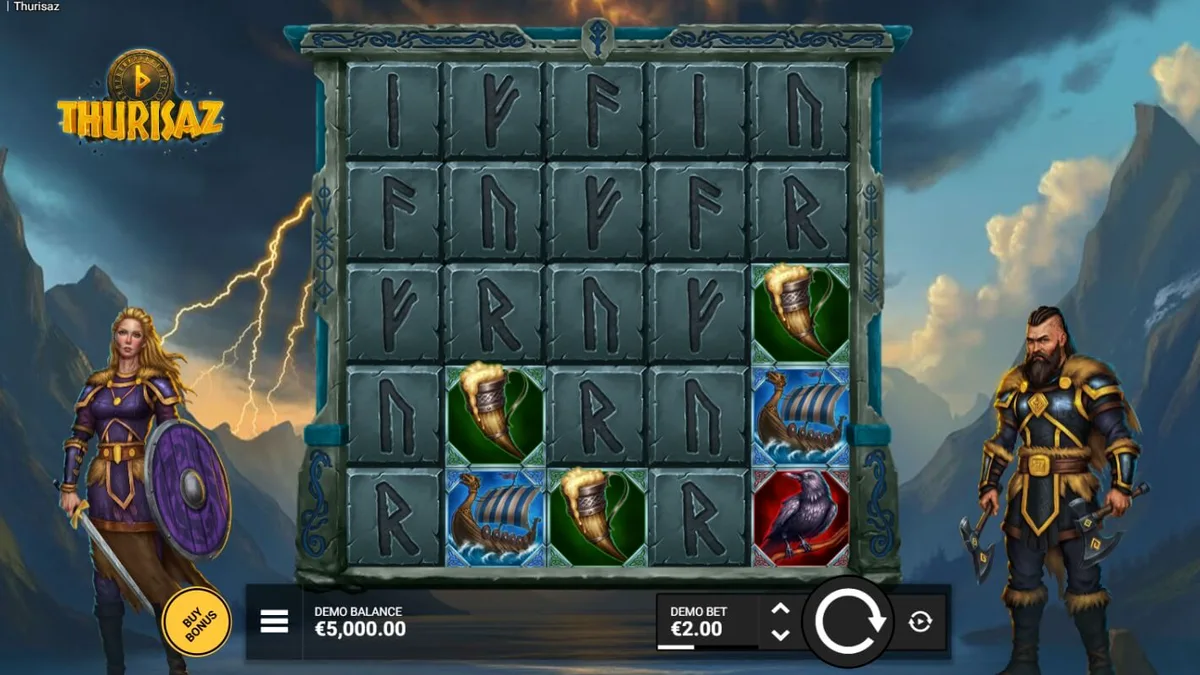 Thurisaz slot game mobile interface showing Viking symbols and reels